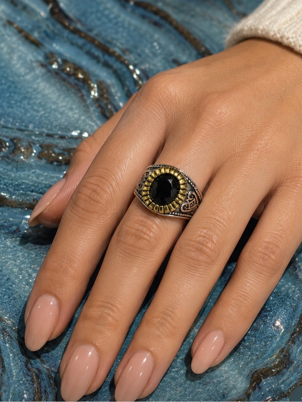 ✨ Vintage Style Black Stone Statement Ring | Two-Tone Silver & Gold Gothic Vibes